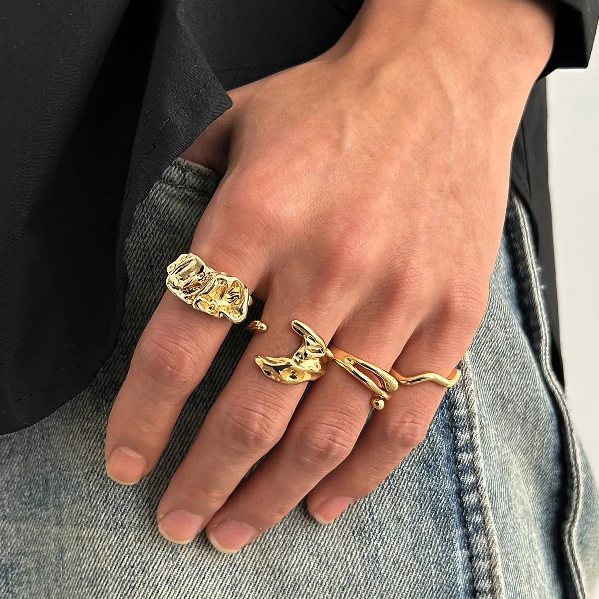 4pcs Set Irregular Folds Vintage Hip Hop Geometric Ring Sets for Women Exaggerated Adjustable Ring Finger Rings Y2K Jewelry Gift