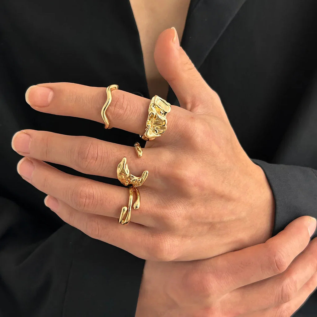 4pcs Set Irregular Folds Vintage Hip Hop Geometric Ring Sets for Women Exaggerated Adjustable Ring Finger Rings Y2K Jewelry Gift