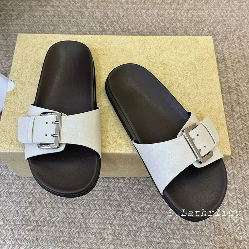 Summer Women's Open toed Slippers Flat Casual Shoes Outdoor Sandals Metal Buckle Decoration Comfortable Vacation Beach Shoes