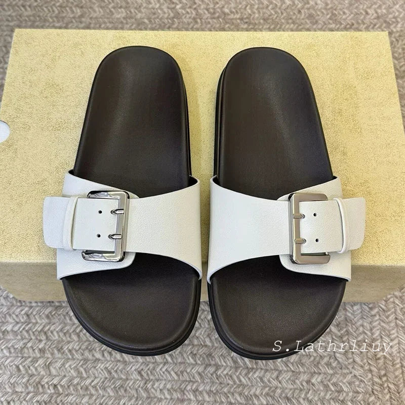 Summer Women's Open toed Slippers Flat Casual Shoes Outdoor Sandals Metal Buckle Decoration Comfortable Vacation Beach Shoes