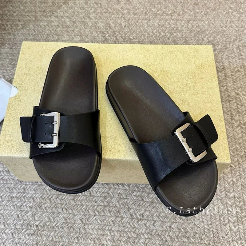 Summer Women's Open toed Slippers Flat Casual Shoes Outdoor Sandals Metal Buckle Decoration Comfortable Vacation Beach Shoes