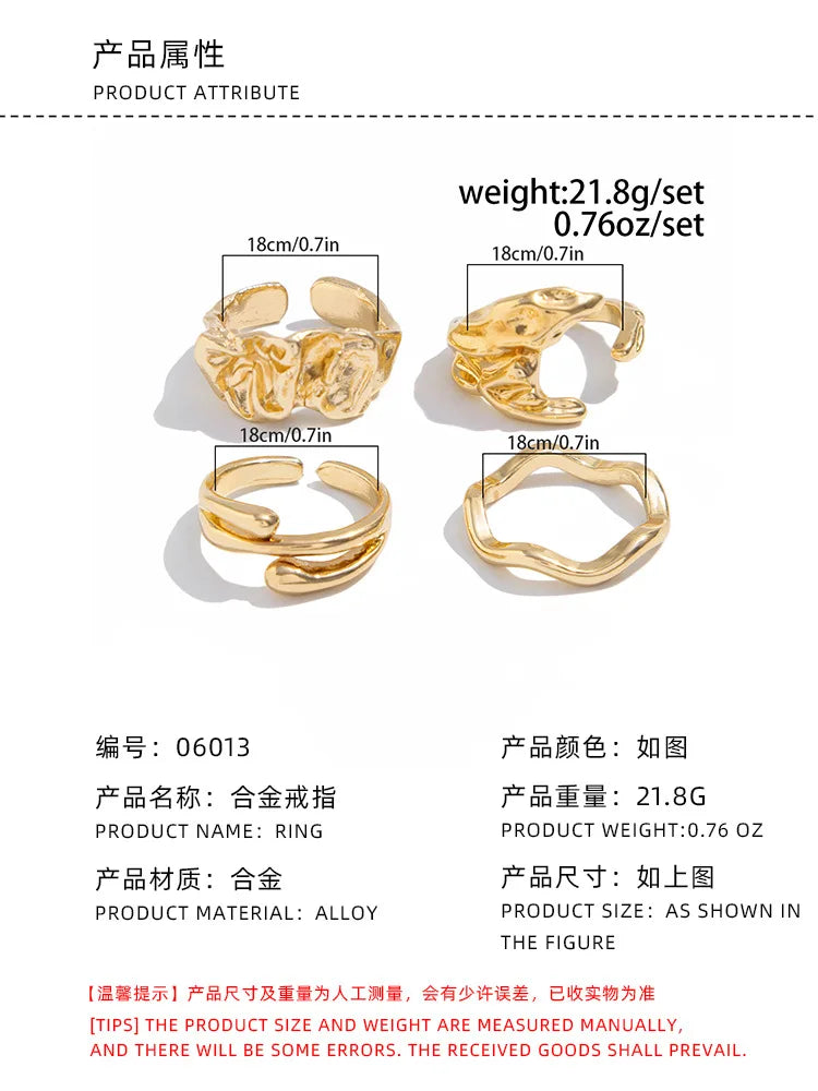 4pcs Set Irregular Folds Vintage Hip Hop Geometric Ring Sets for Women Exaggerated Adjustable Ring Finger Rings Y2K Jewelry Gift