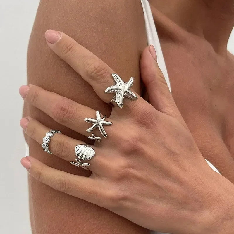 4pcs Set Irregular Folds Vintage Hip Hop Geometric Ring Sets for Women Exaggerated Adjustable Ring Finger Rings Y2K Jewelry Gift