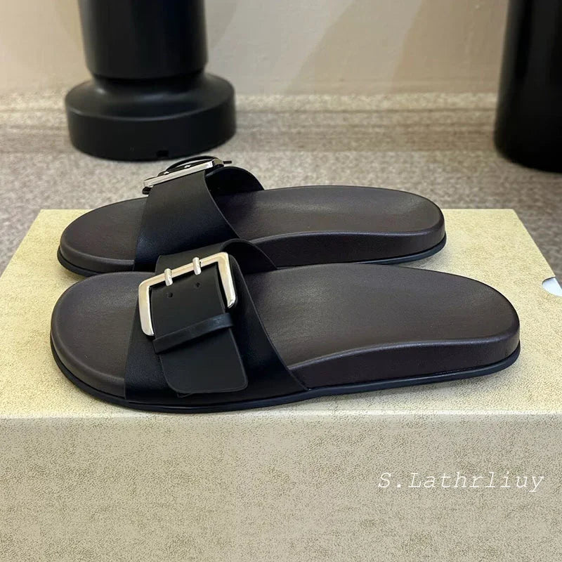 Summer Women's Open toed Slippers Flat Casual Shoes Outdoor Sandals Metal Buckle Decoration Comfortable Vacation Beach Shoes