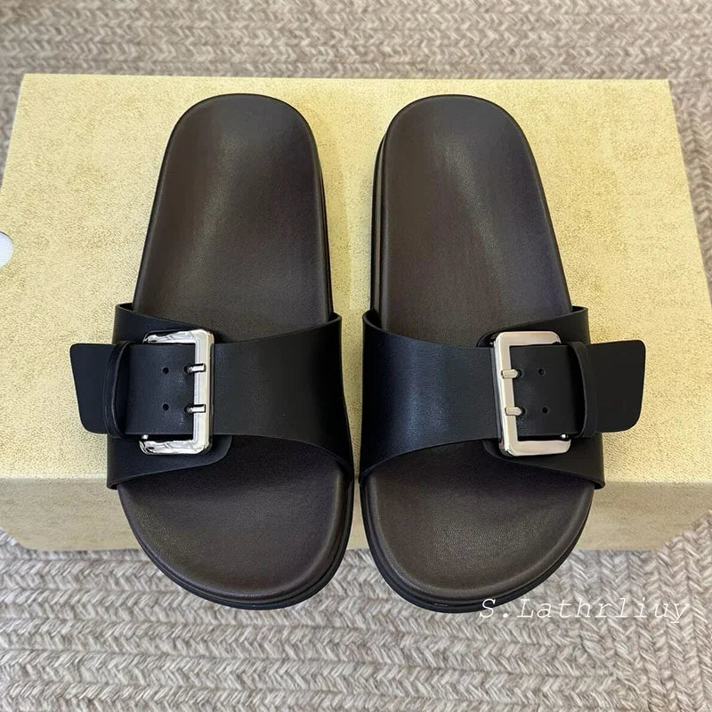 Summer Women's Open toed Slippers Flat Casual Shoes Outdoor Sandals Metal Buckle Decoration Comfortable Vacation Beach Shoes