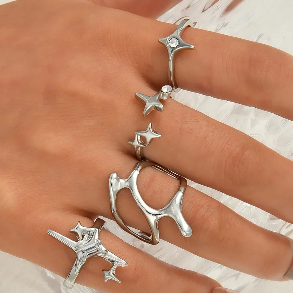 4pcs Set Irregular Folds Vintage Hip Hop Geometric Ring Sets for Women Exaggerated Adjustable Ring Finger Rings Y2K Jewelry Gift