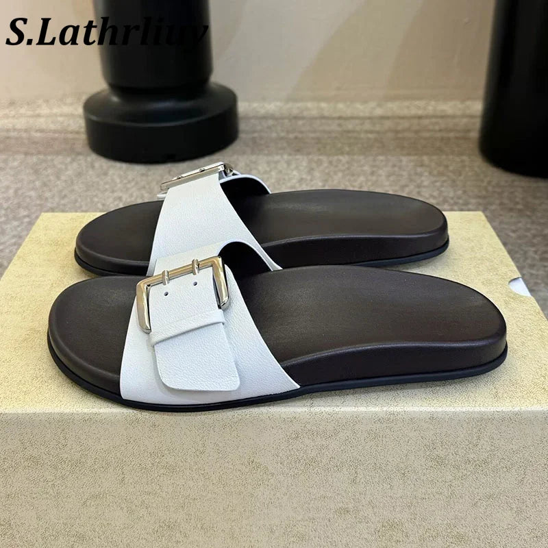 Summer Women's Open toed Slippers Flat Casual Shoes Outdoor Sandals Metal Buckle Decoration Comfortable Vacation Beach Shoes
